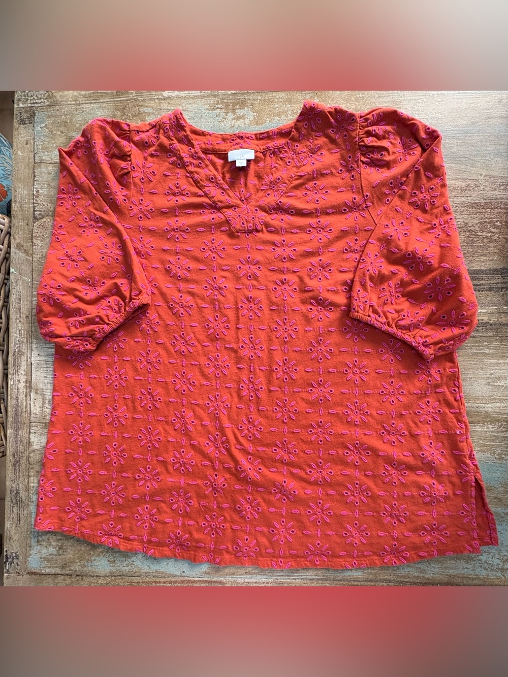 J. Jill Red Eyelet Puff-Sleeve Top with Pink Embroidery